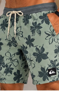 Quiksilver Men’s Long Sleeve Shirt & Floral Swim Shorts Set – White/Green