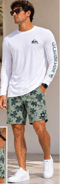 Quiksilver Men’s Long Sleeve Shirt & Floral Swim Shorts Set – White/Green