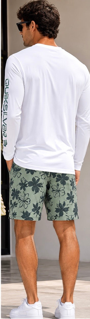 Quiksilver Men’s Long Sleeve Shirt & Floral Swim Shorts Set – White/Green